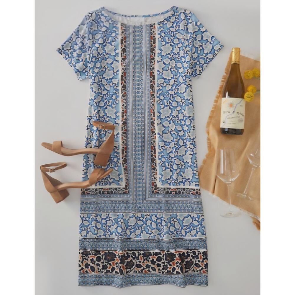 J. Jill - Size XL - Women's Blue Mixed-Print A-Line Knit Casual Comfort Dress